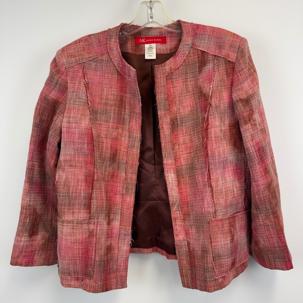 Anne Klein Women Pink Brown Tweed Linen Blend Open Front Fringe Blazer Jacket 12